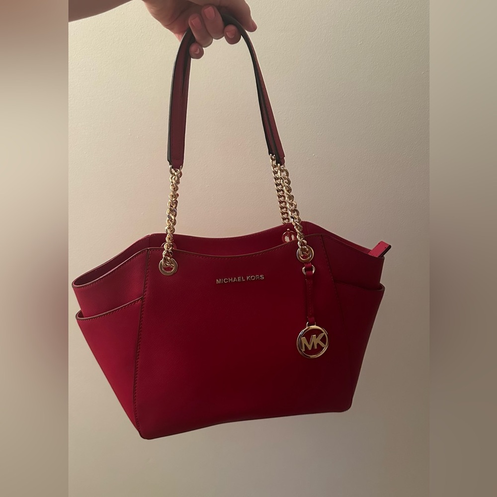 Michael Kors Red Shoulder Bag with Elegant Gold Accents & Matching Wallet